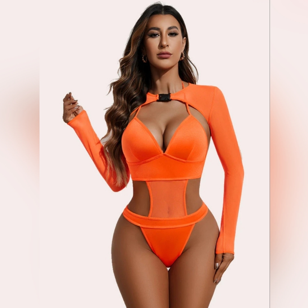 Avidlove Rave Festival Sexy Lingerie Orange Bodysuit with Buckle Crop Cover
